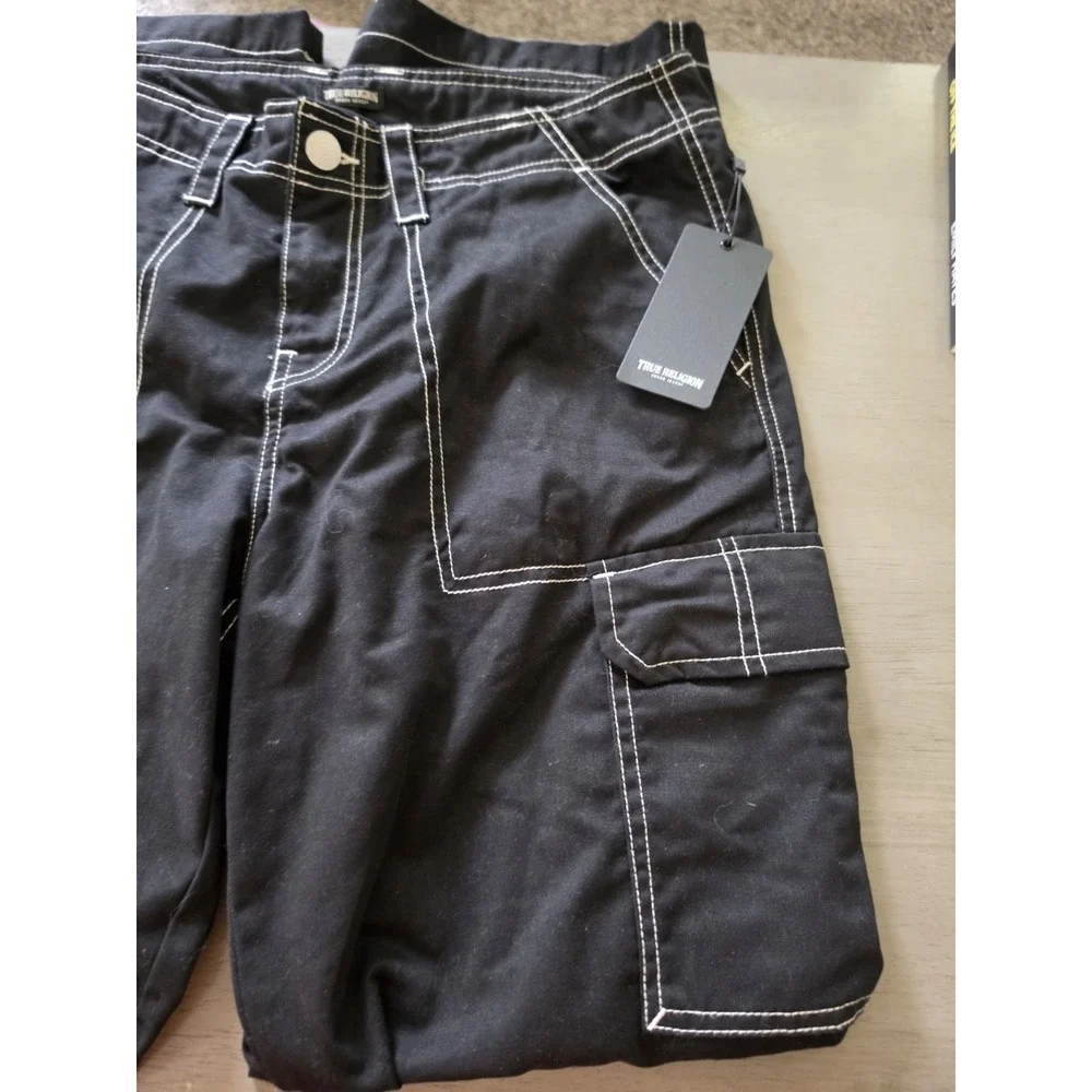 NWT True Religion VTG Distressed Military Army Cargo Pocket Pants Black Men